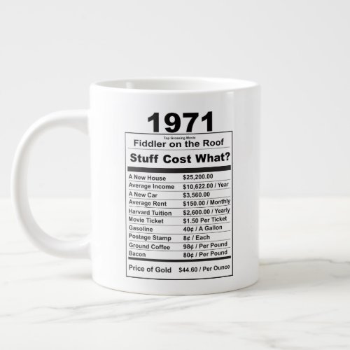 1971 Year in Review Birthday Trivia  Price Index Giant Coffee Mug