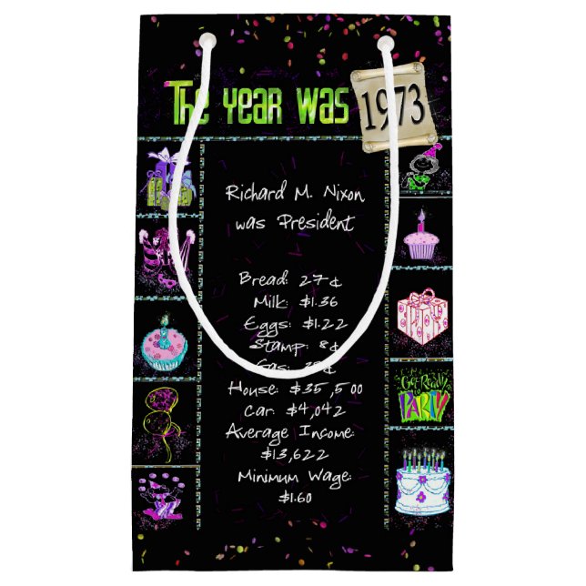 1973 Birth Year Trivia on Black Small Gift Bag (Front)