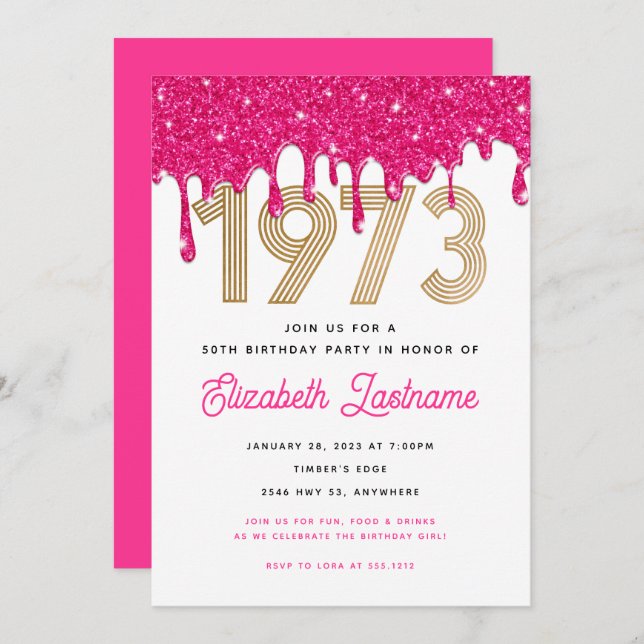 1973 Pink Glitter Drip 50th Birthday Invitation  (Front/Back)