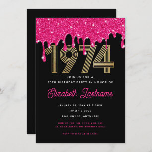 1974 Pink Glitter Drip 50th Birthday Invitation