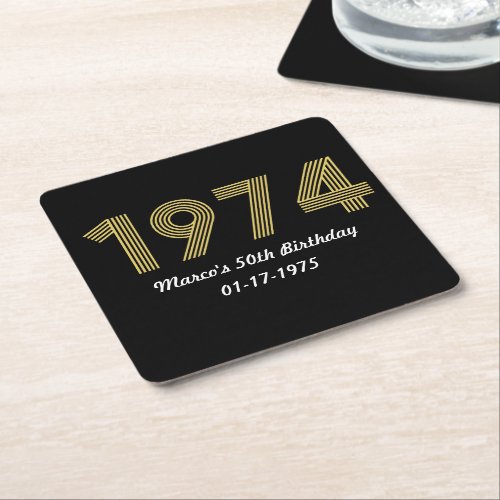 1974 Retro Vintage Gold Numeral 50th Birthday Square Paper Coaster