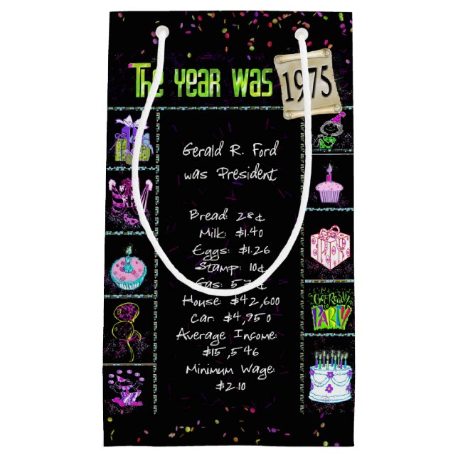 1975 Birth Year Trivia on Black Small Gift Bag (Front)