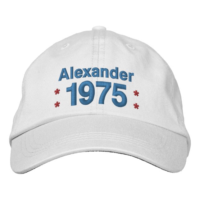 1975 or Any Year 40th Birthday A8P WHITE and BLUE Embroidered Baseball Hat (Front)