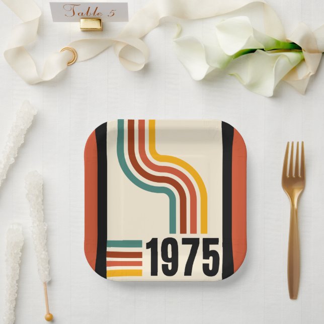 1975 Retro Stripes Vintage Poster Paper Plates (Wedding)