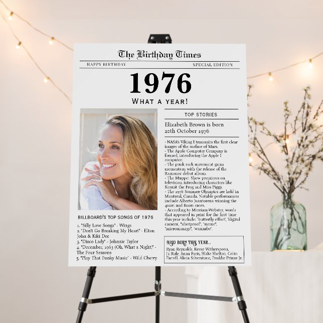 1976 Birthday Newspaper Welcome Sign Foam Boards (In Situ (Stand))