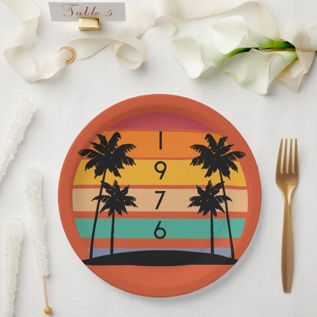 1976 Retro Stripe Sunset Vintage  Paper Plates (Wedding)