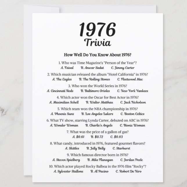 1976 Trivia Game | 49th Birthday Party Game (Front)
