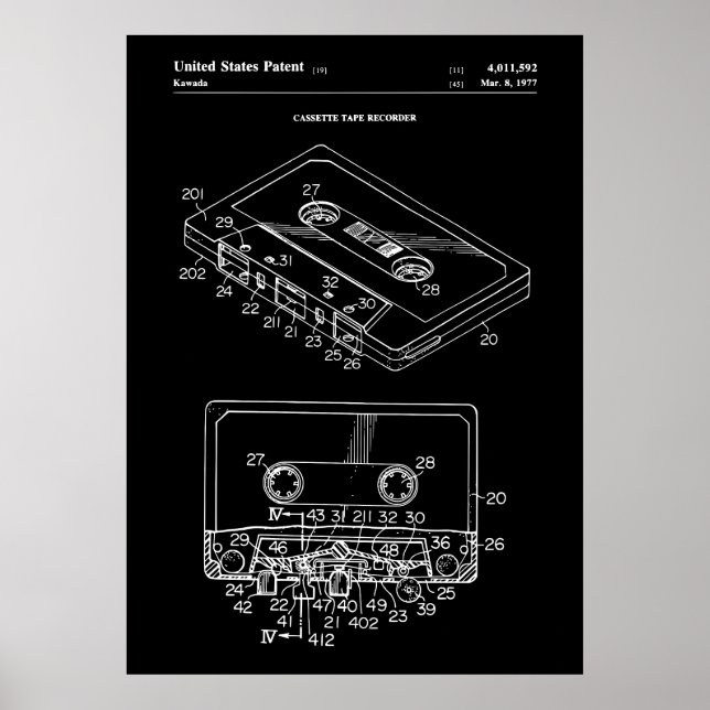 1977 CASSETTE TAPE RECORDER Patent Poster (Front)