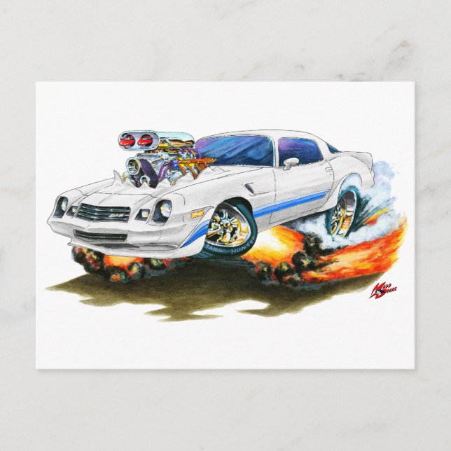 1979-81 Camaro Z28 White-Blue Car Postcard (Front)
