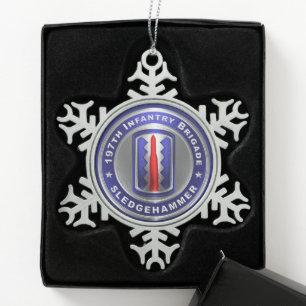 197th Infantry Brigade Snowflake Pewter Christmas Ornament