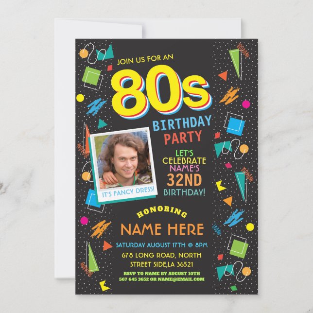1980's Birthday Party Eighties 80's Photo Invite (Front)