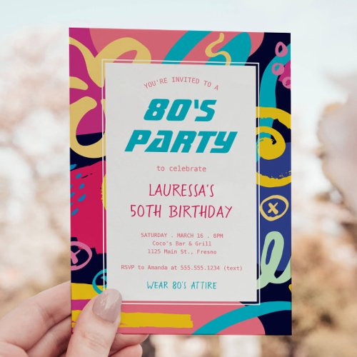 1980s Bright Retro Doodles Birthday Party Invitation