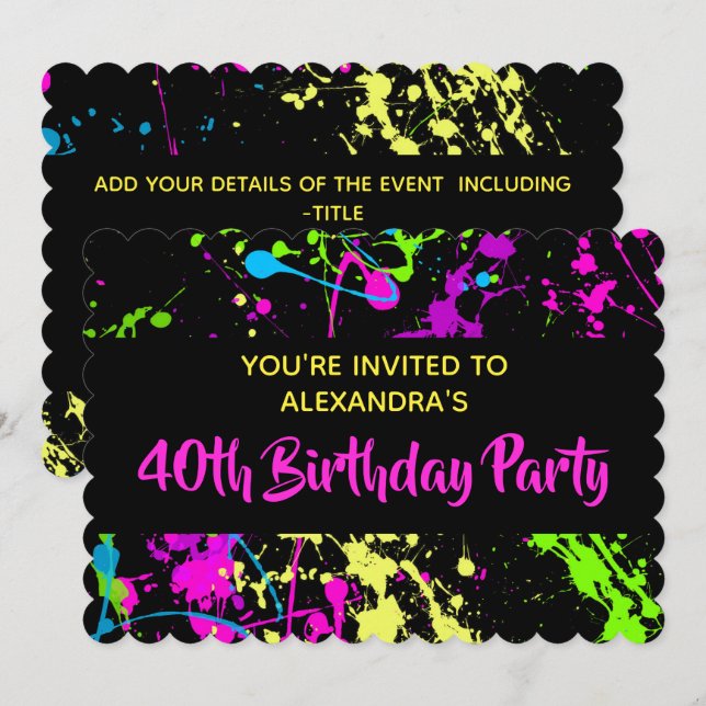1980s Colorful Paint Splatter 40th Birthday Party Invitation (Front/Back)