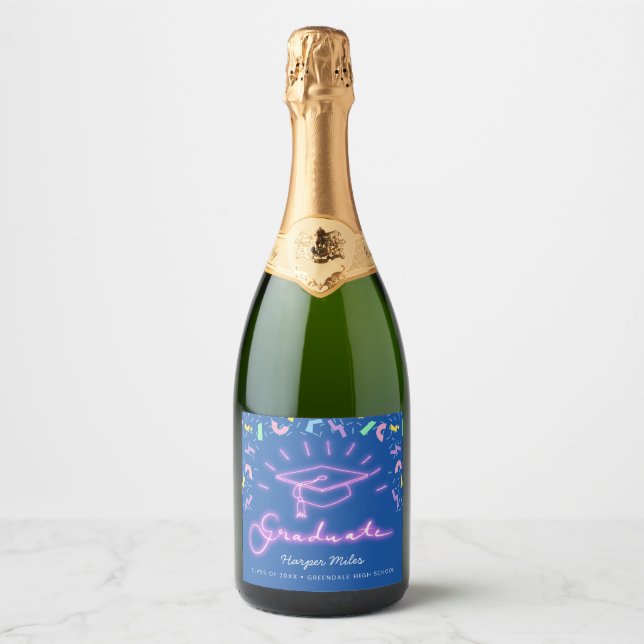 1980s confetti pink neon graduation hat Sparkling  Sparkling Wine Label (Front)