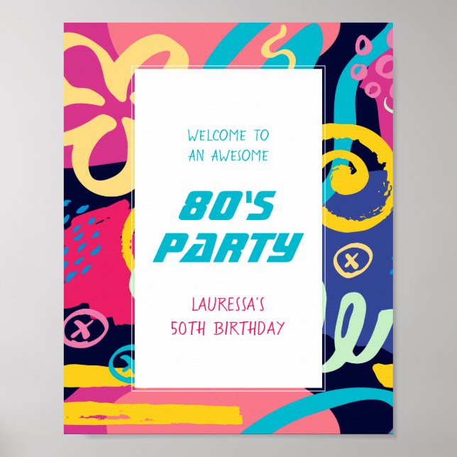 1980s Funky Bright Doodles Retro Birthday Party Poster (Front)