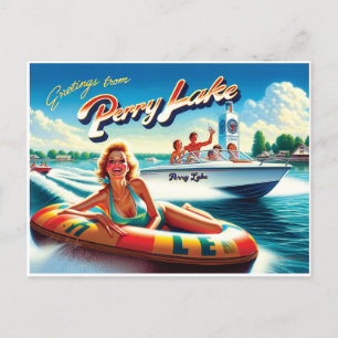 1980's Girl on Tube And Speedboat Postcard