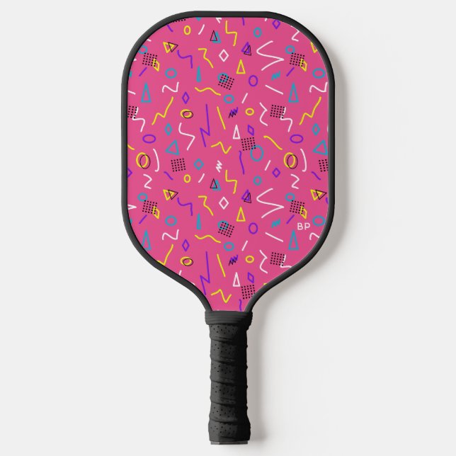 1980s Hot Pink Yellow White Squiggles Pattern Pickleball Paddle (Front)