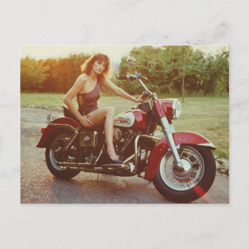 1980s Motorcycle Pinup Girl Postcard