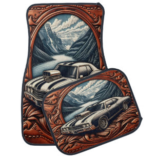 1980s Muscle Car on Dreamy Mountain Road Car Floor Mat