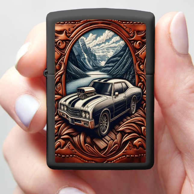 1980s Muscle Car on Dreamy Mountain Road Zippo Lighter (In Hand)