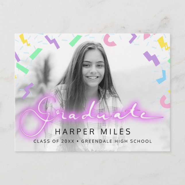 1980s neon script and pattern graduation photo postcard (Front)