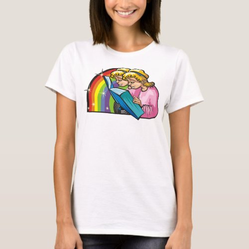 1980s Rainbow with Gemini Twins Reading Book T_Shirt