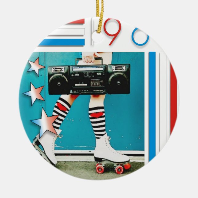 1980's Retro Boom Box and Roller Skates Design Ceramic Ornament (Front)