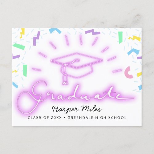 1980s retro pink neon graduation hat postcard