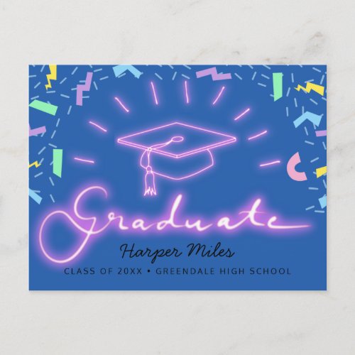 1980s retro pink neon graduation hat postcard