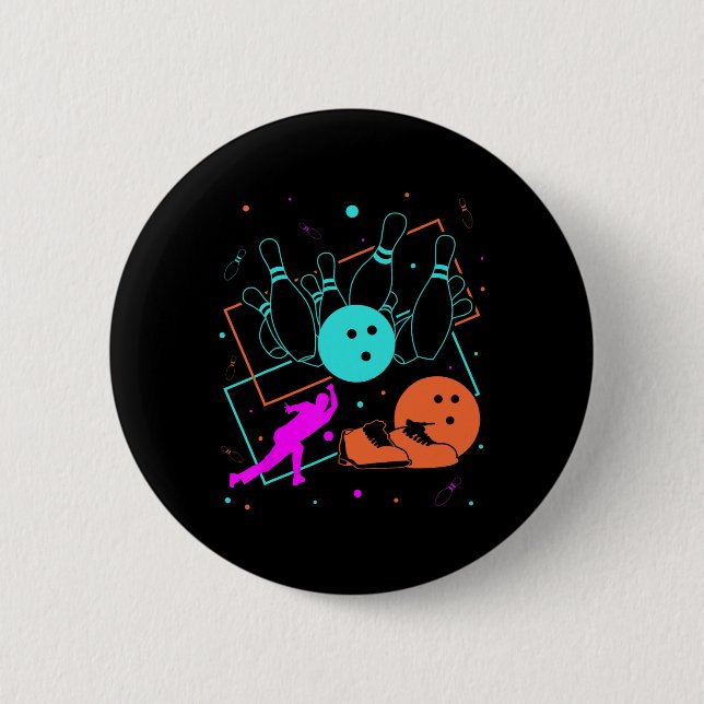 1980s Retro Style Bowler Team 80's Bowling  Button (Front)