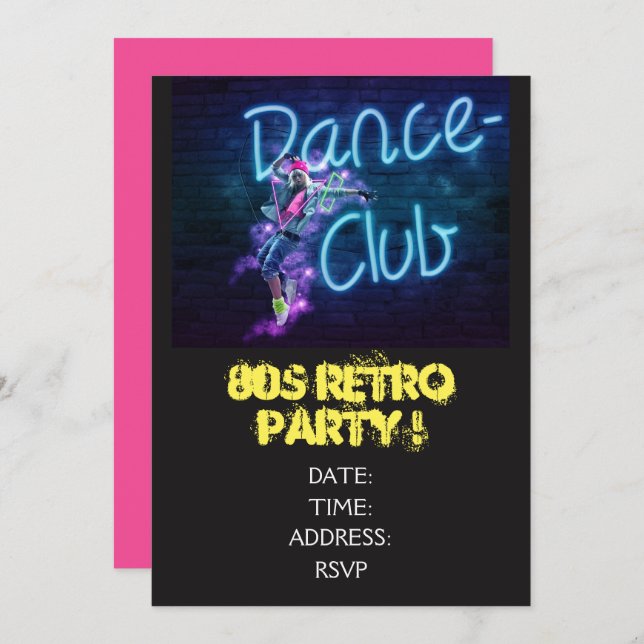 1980s retro theme dance party invitation (Front/Back)