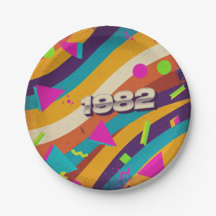 1982 - Retro Vintage 80s Neon Geometric - Paper Plates