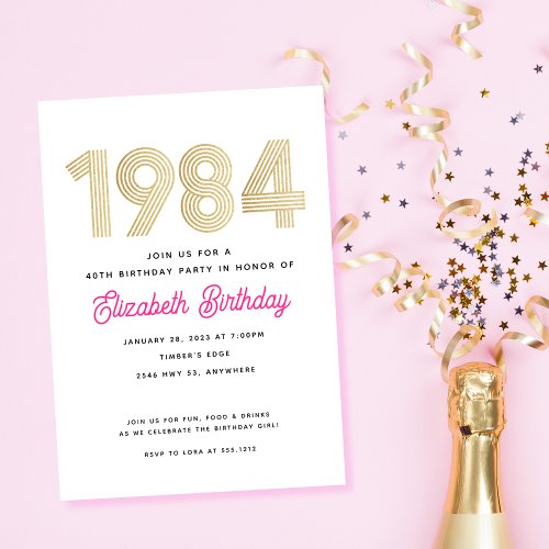 1984 Hot Pink White Gold 40th Birthday Invitation 