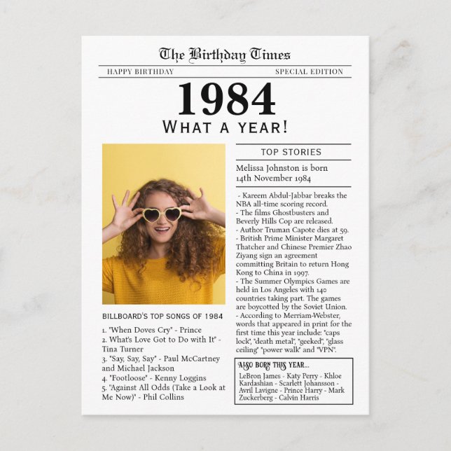 1984 Newspaper Birthday postcard (Front)