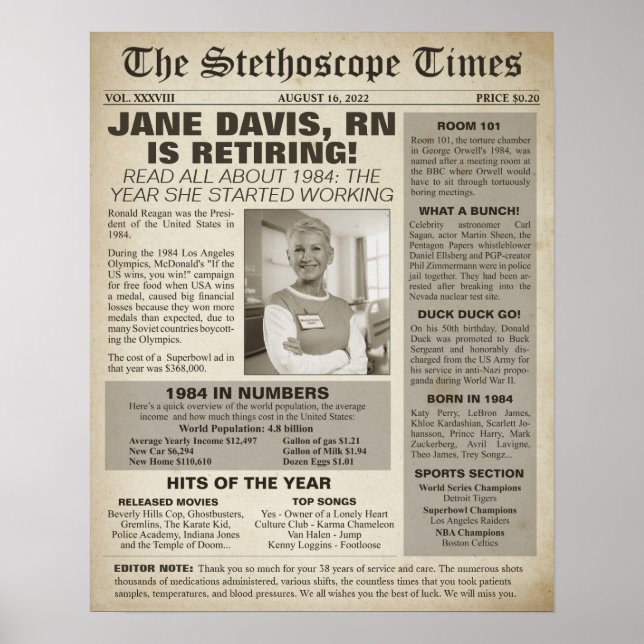 1984 Stethoscope Times for Nurse Retirement Party Poster (Front)