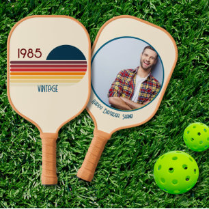 1985 40th Birthday Retro Stripe Custom Photo Pickleball Paddle