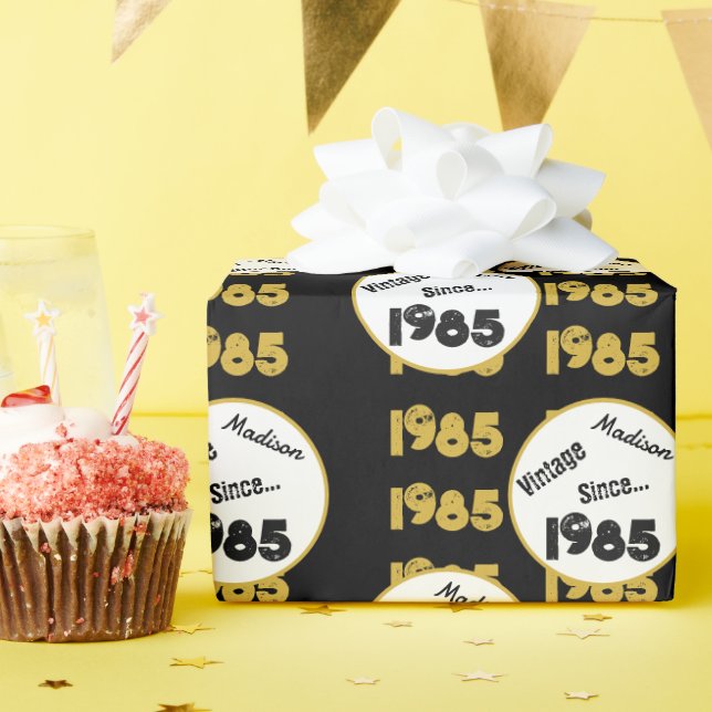 1985 birth year birthday black faux gold wrapping paper (Birthday Party)