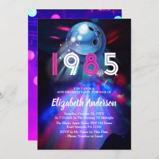 1985 Disco Bowling 40th Birthday Party Invitation
