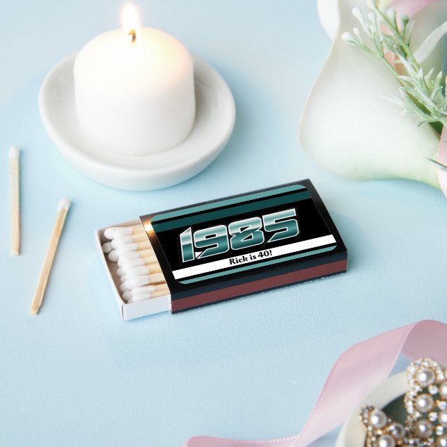 1985 Retro Stripe Teal 40th birthday Classic Matchboxes (Insitu)