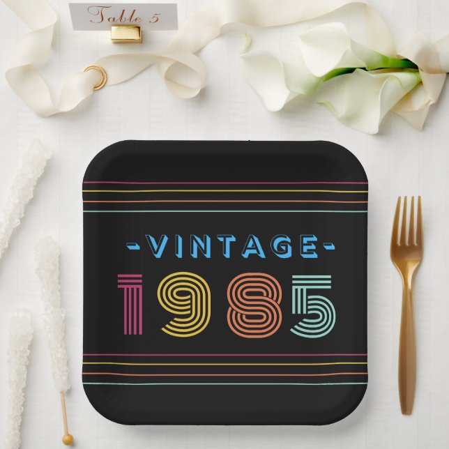 1985 Vintage Retro Stripe Neon Bright  Paper Plates (Wedding)