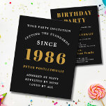 1986 Budget 40th Birthday Invitation Black Gold Flyer<br><div class="desc">An elegant 40th birthday party celebration invitation. A black and gold elegant template. Personalize and add a name and party details. 
LOW BUDGET INVITATION FLYERS. *** PLEASE NOTE this budget option is a flyer (no envelopes included) hence the low price - The SATIN option is the thicker choice.</div>