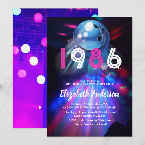 1986 Disco Bowling  40th Birthday Party Invitation