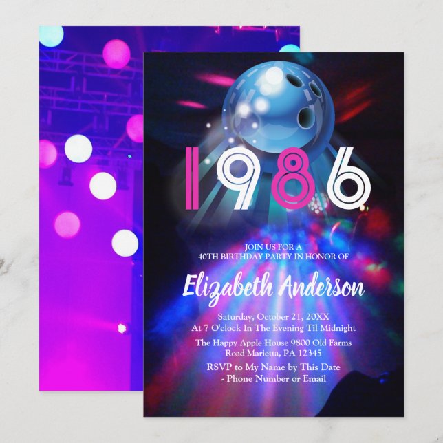 1986 Disco Bowling  40th Birthday Party Invitation (Front/Back)