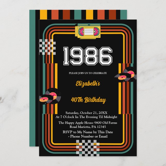 1986 Retro Cassette Disco 40th Birthday Invitation (Front/Back)