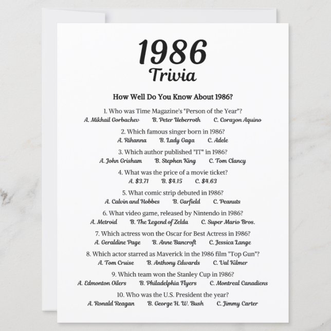 1986 Trivia Game | 39th Birthday Party Game (Front)