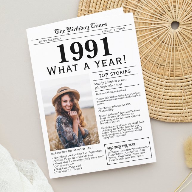 1991 Newspaper Birthday greeting card (Born in 1991 Newspaper Birthday greeting card, custom photo and fun facts unique birthday wishes)