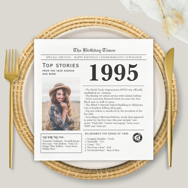1995 Newspaper Birthday Trivia  Napkins (1995 Newspaper Birthday Trivia  Napkin at a table setting for 30th birthday party)