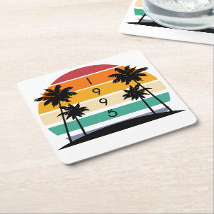 1995 Retro Stripe Sunset Vintage  Square Paper Coaster