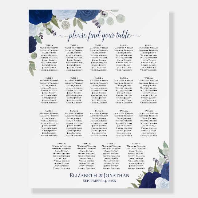 19 Table Blue Boho Roses Wedding Seating Chart Foam Board (Front)