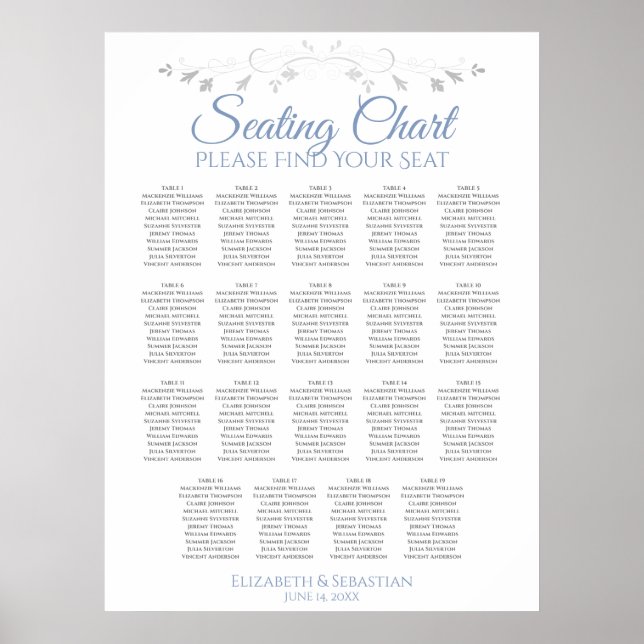 19 Table Blue & Gray Elegant Wedding Seating Chart (Front)